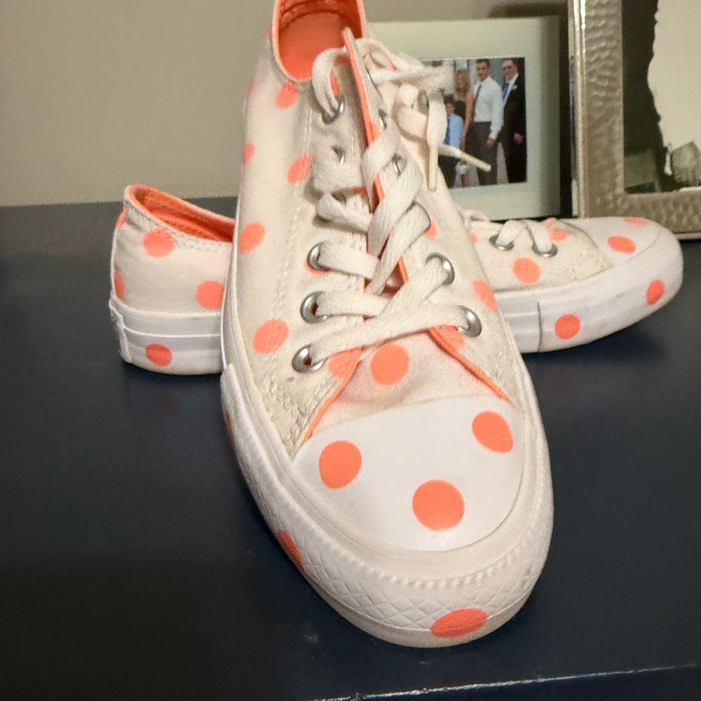 Converse White and Orange Polka Dot Sneakers